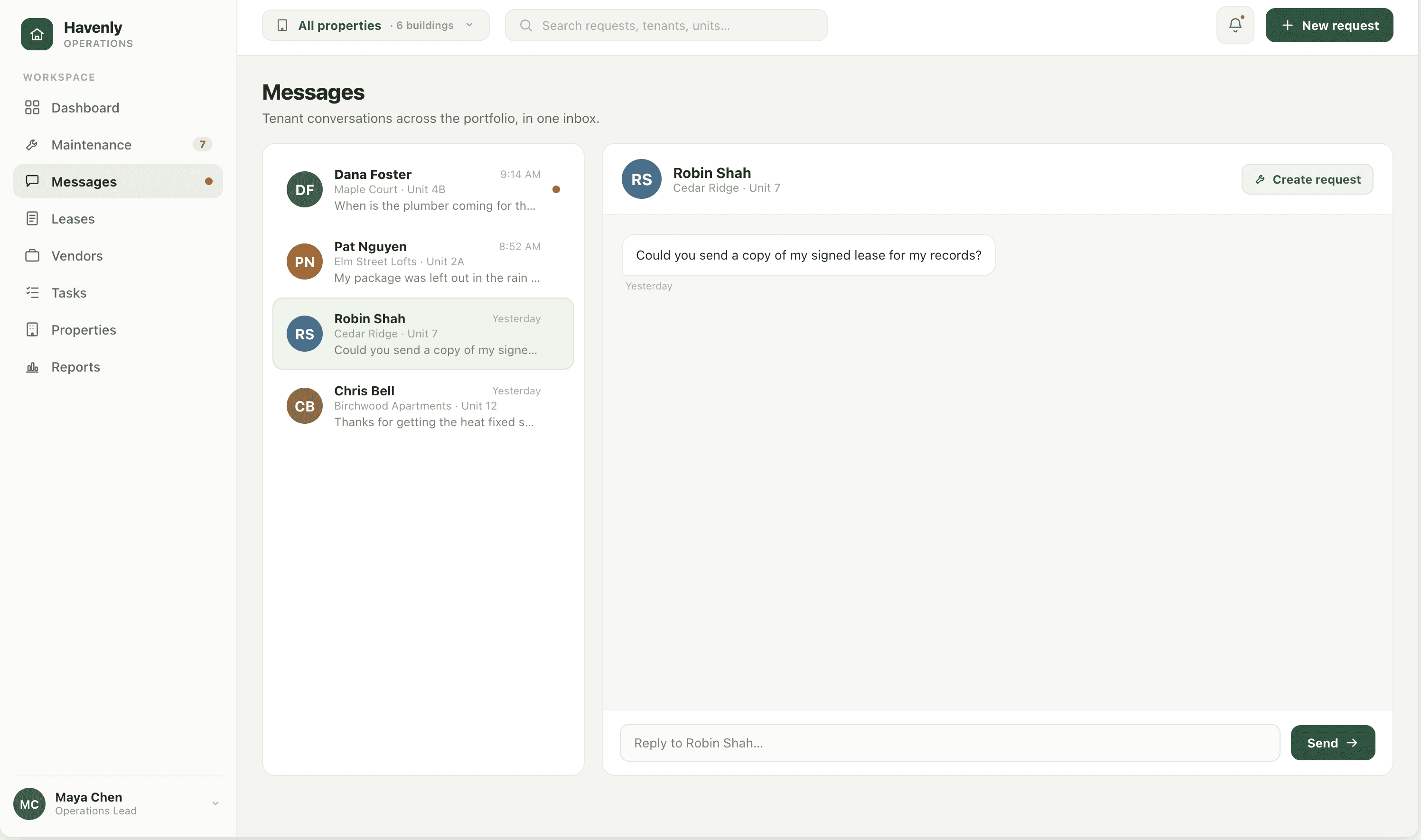 Havenly tenant messages screenshot